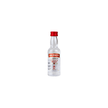 Clear vodka bottle with red label and cap on plain background