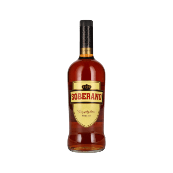 Soberano branded cognac bottle with amber liquid and black cap on transparent background
