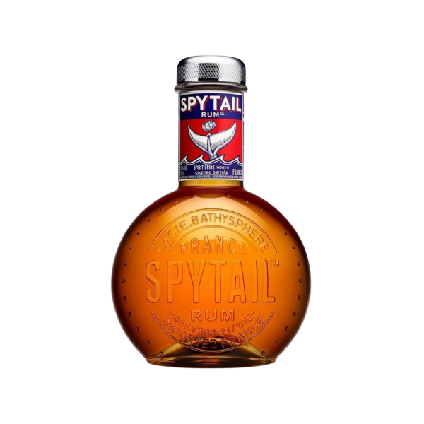 Spytail Rum bottle with round glass design and red whale tail label, premium spirits product