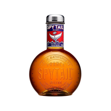 Spytail Rum bottle with round glass design and red whale tail label, premium spirits product