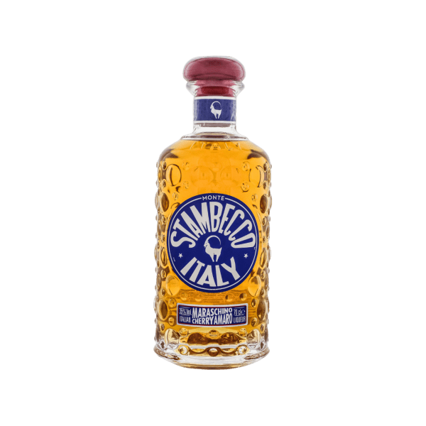 Monte Stambecco Italy Maraschino Cherry Amaro liqueur bottle with textured glass and red cap