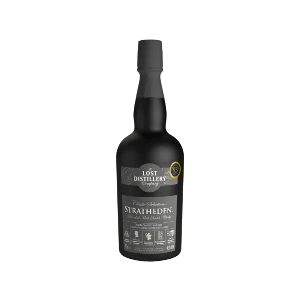 Black bottle of Stratheden blended malt Scotch whisky with gold label, isolated on white background
