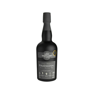 Black bottle of Stratheden blended malt Scotch whisky with gold label, isolated on white background