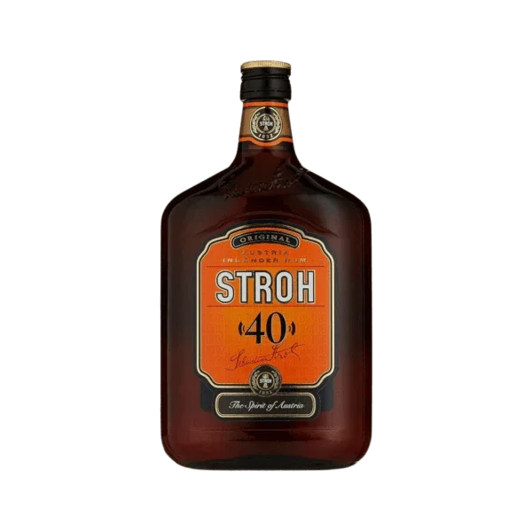 Stroh 40 Austrian spiced rum liqueur in a brown rectangular bottle with orange label