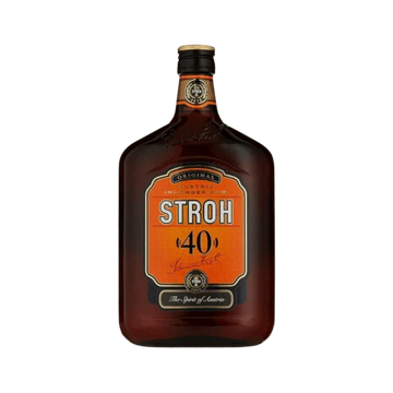 Stroh 40 Austrian spiced rum liqueur in a brown rectangular bottle with orange label