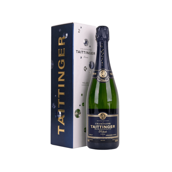 Taittinger Brut Champagne bottle with black and gold label next to matching gift box