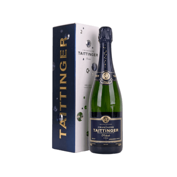 Taittinger Brut Champagne bottle with black and gold label next to matching gift box