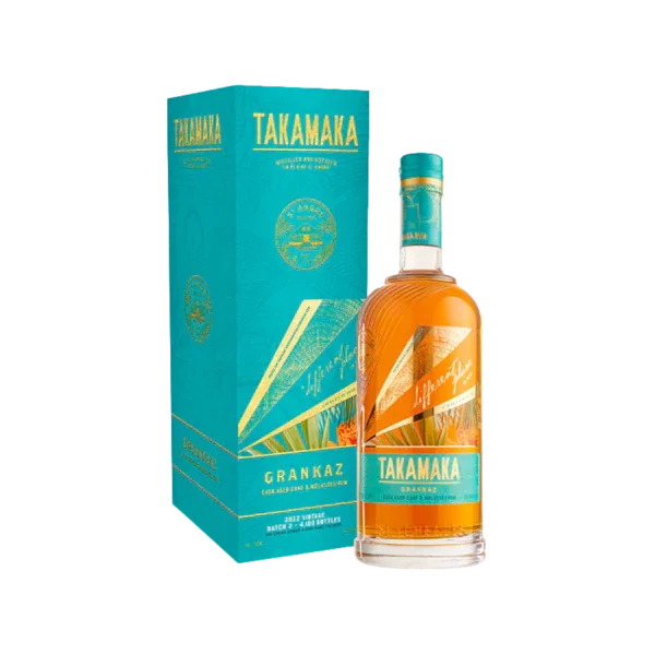 Takamaka Grankaz premium aged rum bottle with matching turquoise gift box