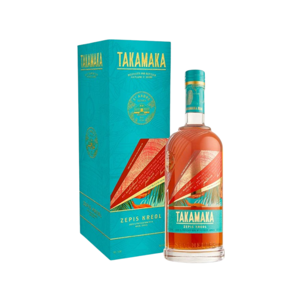 Takamaka Zepis Kreol premium rum bottle with vibrant turquoise gift box