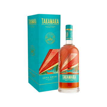 Takamaka Zepis Kreol premium rum bottle with vibrant turquoise gift box
