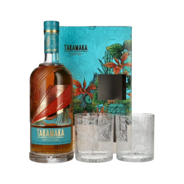 Takamaka spiced rum with two etched glasses and decorative gift box