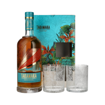 Takamaka spiced rum with two etched glasses and decorative gift box