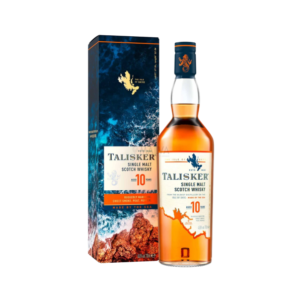 Talisker 10-year-old single malt Scotch whisky bottle with blue ocean-themed box and orange label