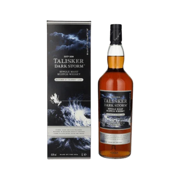 Talisker Dark Storm single malt Scotch whisky bottle and box with stormy sea design