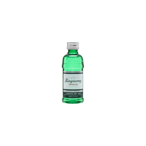 Small green Tanqueray London Dry Gin bottle with white label and silver cap isolated on white