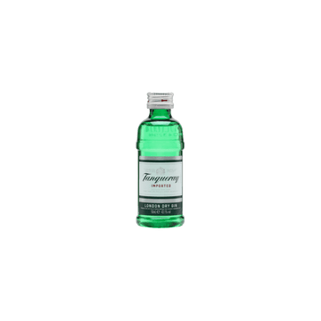 Small green Tanqueray London Dry Gin bottle with white label and silver cap isolated on white