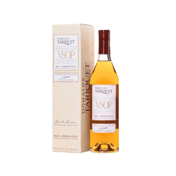 Domaine Tariquet VSOP Bas-Armagnac bottle with beige packaging box, French brandy