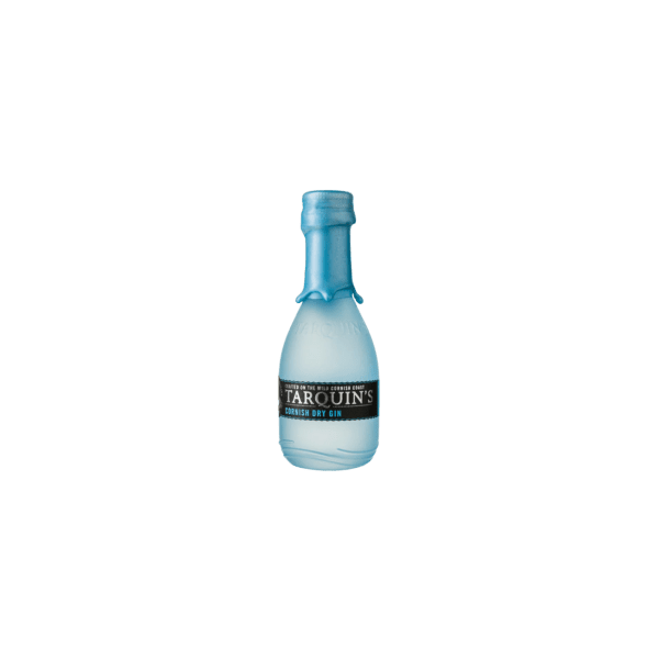 Tarquin's Cornish Dry Gin mini bottle with blue wax seal on transparent background