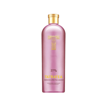 Pink Tatratea 37% hibiscus and red tea liqueur bottle with gold cap and lettering