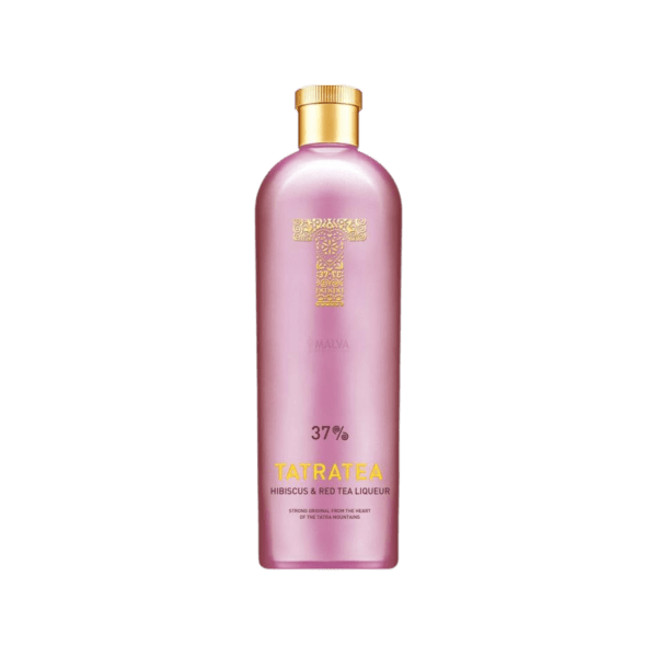 TATRATEA Hibiscus & Red Tea Liqueur 37% in a metallic pink bottle with gold cap