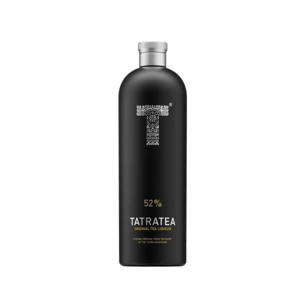Black bottle of Tatratea original tea liqueur with 52% alcohol, silver cap, decorative T logo