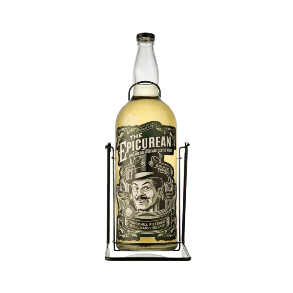 The Epicurean blended malt Scotch whisky bottle with illustrated label in metal holder