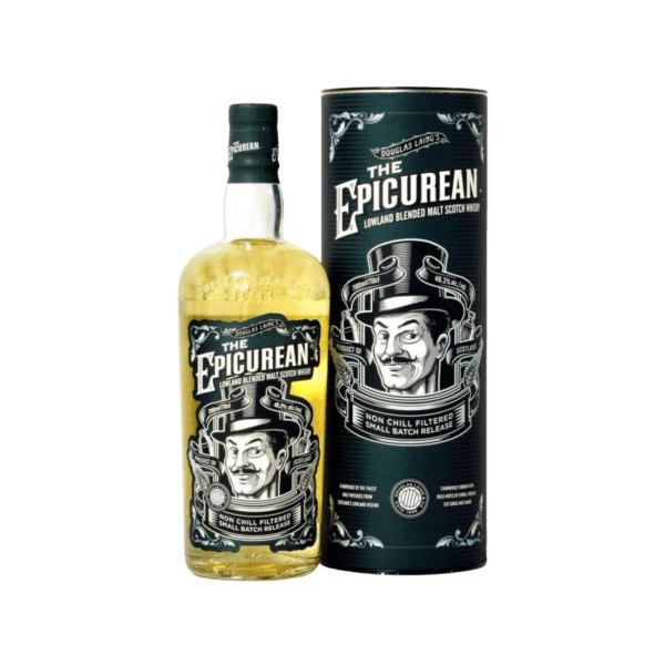 The Epicurean Lowland blended malt Scotch whisky bottle with matching gift tube, premium packaging
