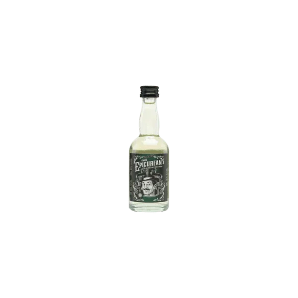 Small bottle of The Epicurean blended malt whisky with illustrated label on green background