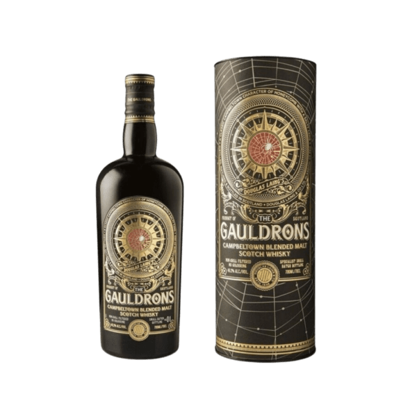 The Gauldrons Campbeltown blended malt Scotch whisky bottle and decorative box, black and gold design