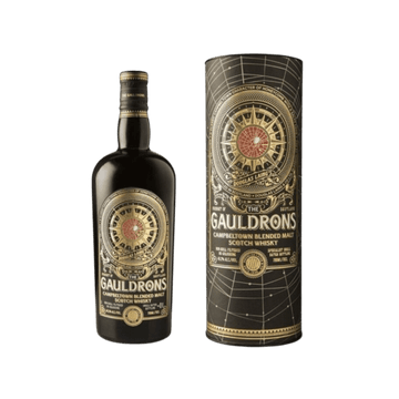 The Gauldrons Campbeltown blended malt Scotch whisky bottle and decorative box, black and gold design