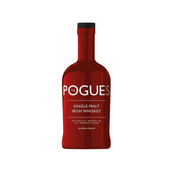 Red bottle of The Pogues single malt Irish whiskey on a plain background