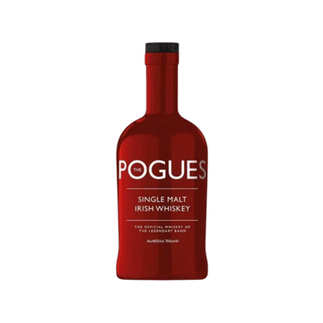 Red bottle of The Pogues single malt Irish whiskey on a plain background