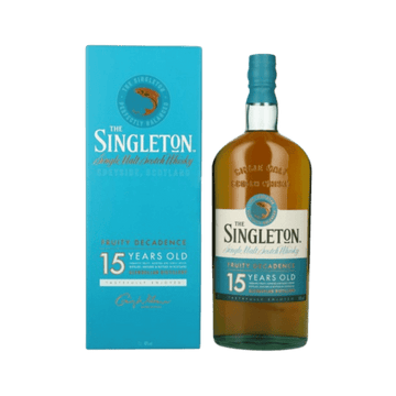 The Singleton 15 years old single malt Scotch whisky bottle and blue box with logo and text