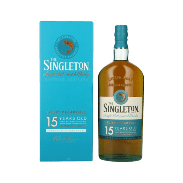 Singleton 15 year old single malt whisky bottle with matching turquoise box