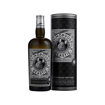 Timorous Beastie blended malt Scotch whisky bottle with matching gift tube, black and silver design