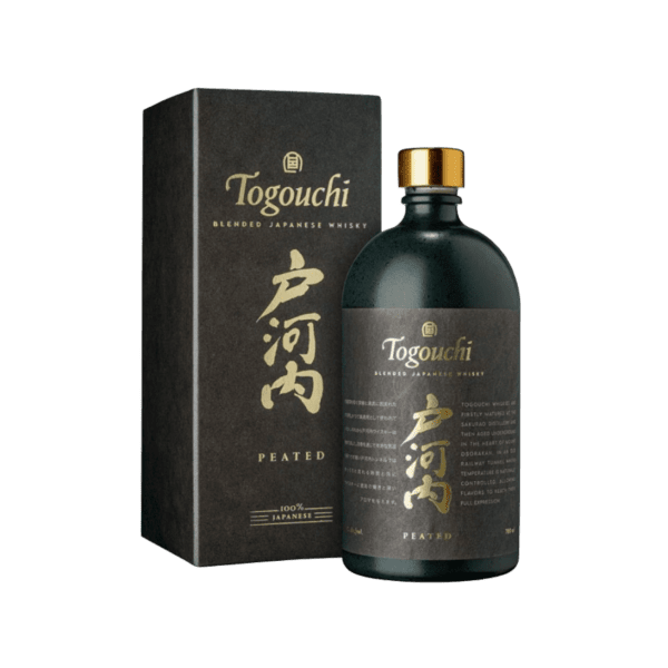 Togouchi Peated blended Japanese whisky bottle and box with gold accents