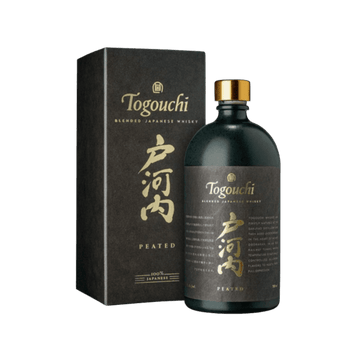 Togouchi Peated blended Japanese whisky bottle and box with gold accents