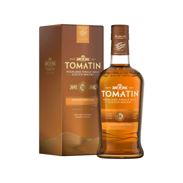 Tomatin 16 year old Highland single malt Scotch whisky bottle with gift box, Moscatel cask finish