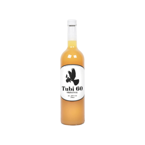 Tubi 60 Original alcoholic beverage bottle with white label and black bird logo