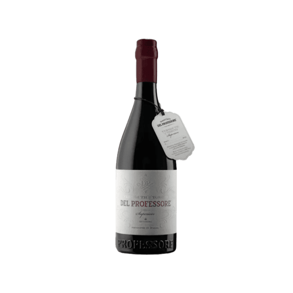 Del Professore red wine bottle with white label and tag, premium alcohol, isolated background