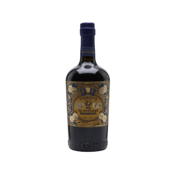 Premium Del Professore Vermouth bottle with ornate gold and blue label on plain background