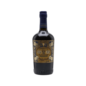 Premium Del Professore Vermouth bottle with ornate gold and blue label on plain background