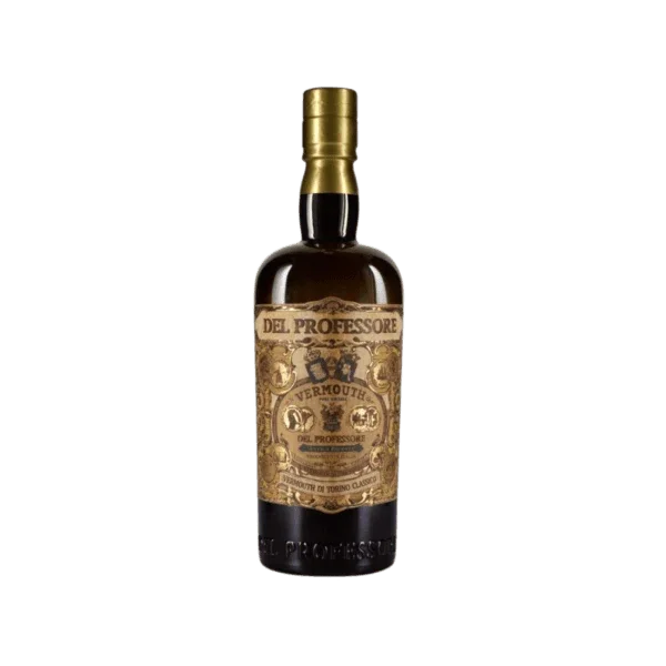 Del Professore vermouth bottle with vintage gold label on green background