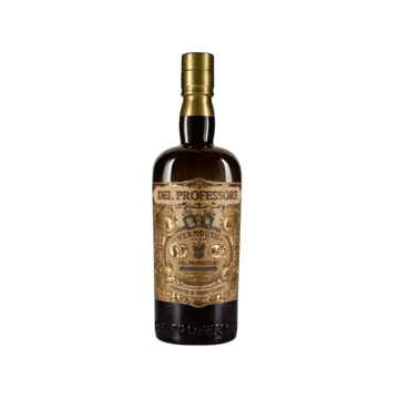 Del Professore vermouth bottle with vintage gold label on green background