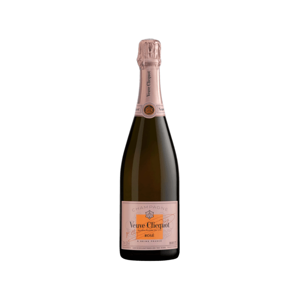Bottle of Veuve Clicquot Rosé Brut Champagne with pink label on a plain background