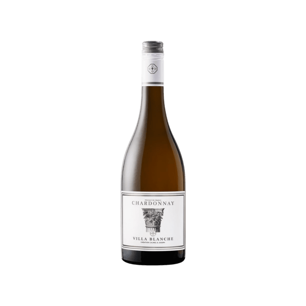 Villa Blanche Chardonnay white wine bottle with a white label and silver screw cap