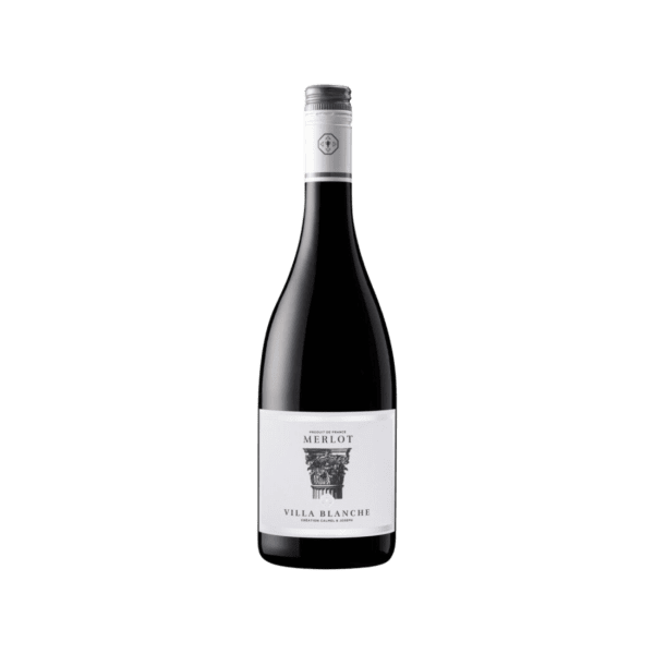 Bottle of Villa Blanche Merlot red wine with white label and silver cap