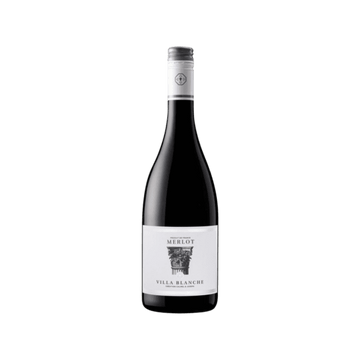 Bottle of Villa Blanche Merlot red wine with white label and silver cap