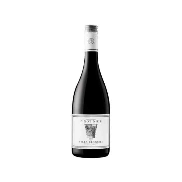 Bottle of Villa Blanche Pinot Noir red wine with white label and silver cap