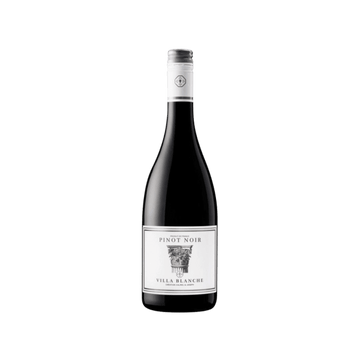 Bottle of Villa Blanche Pinot Noir red wine with white label and silver cap